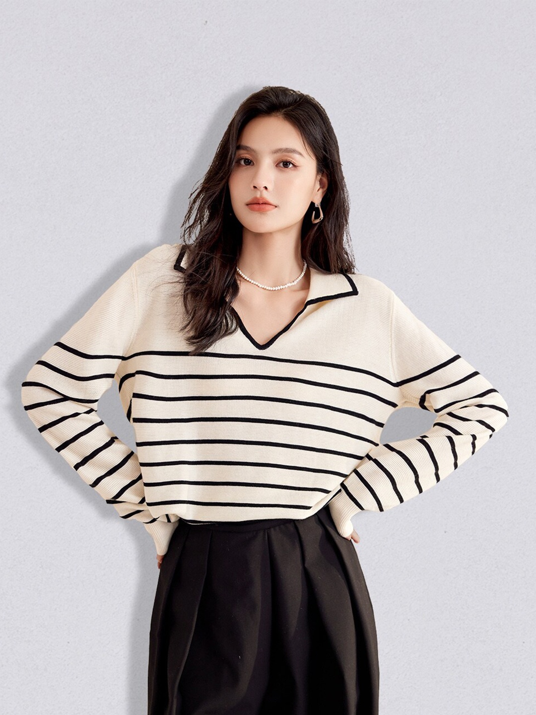 

JC Collection Women Beige & Black Striped Striped Pullover