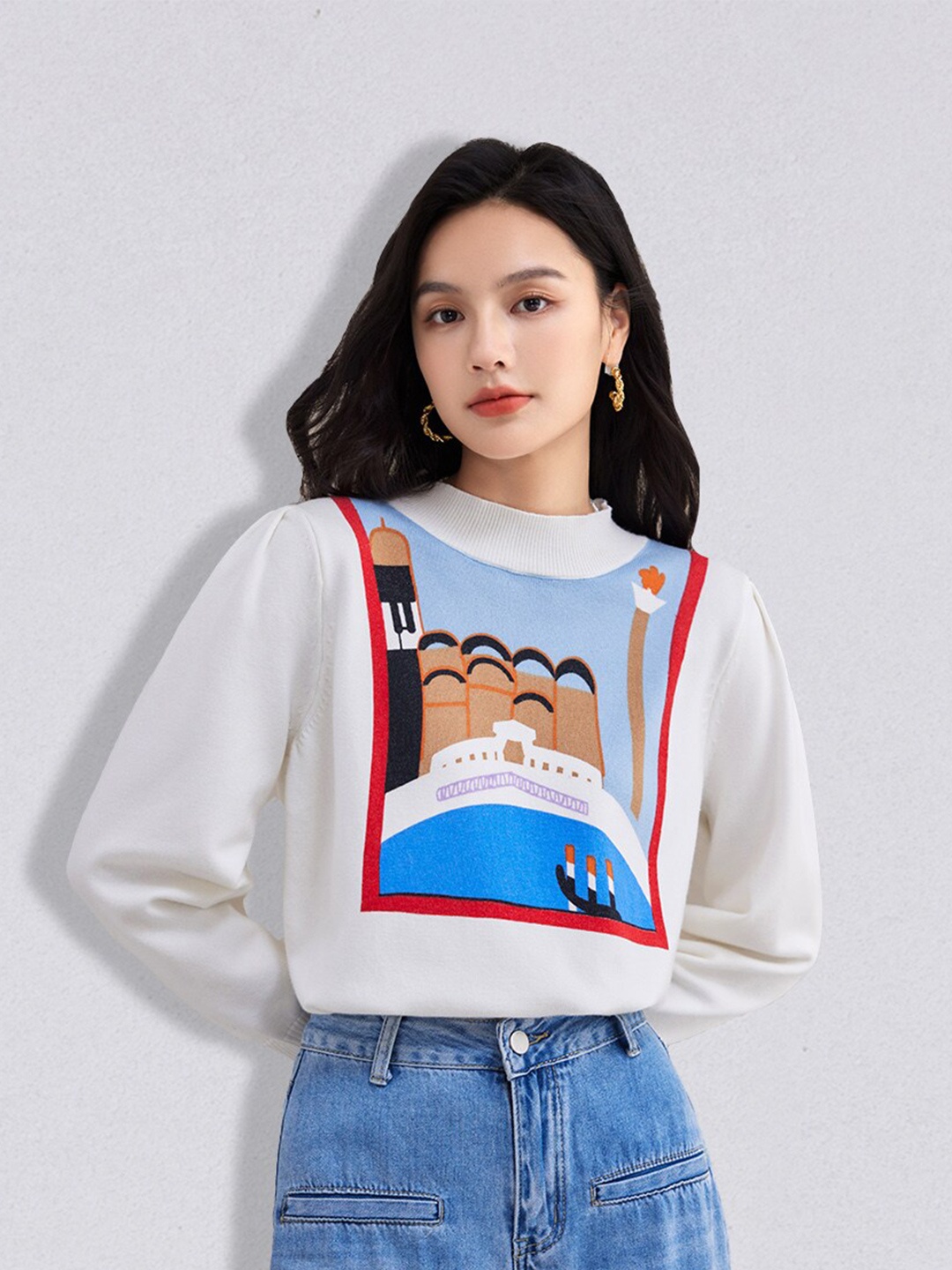 

JC Collection Women White & Blue Printed Pullover