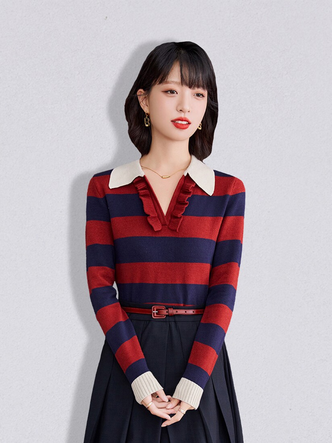 

JC Collection Women Black & Red Striped Pullover