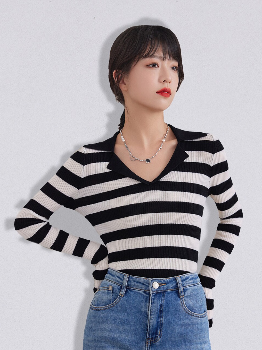 

JC Collection Women White & Black Striped Pullover