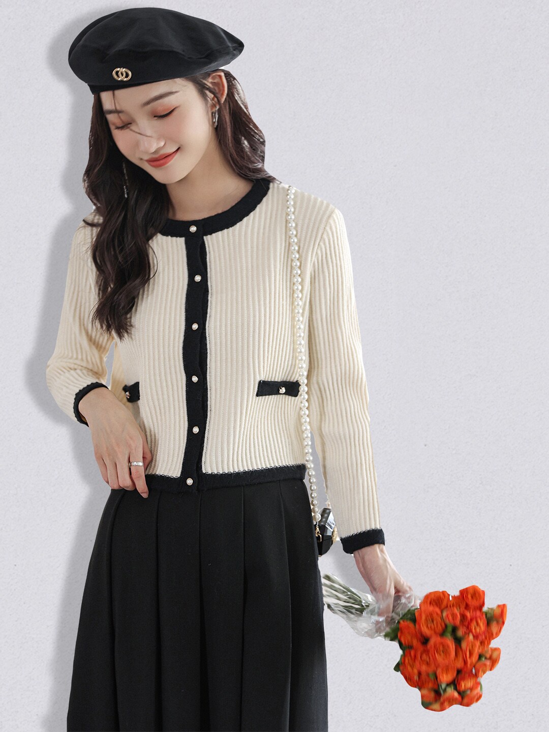 

JC Collection Women Beige & Black Ribbed Cardigan