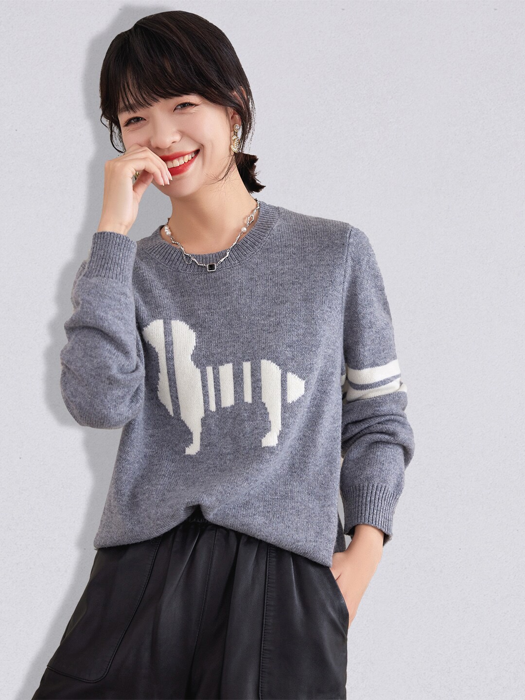 

JC Collection Women Grey & White Solid Pullover