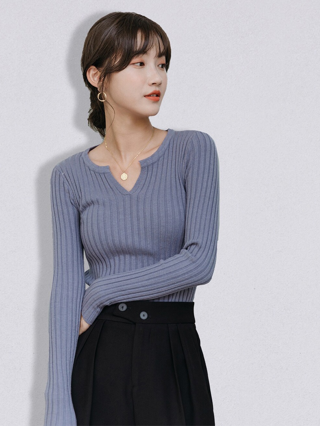 

JC Collection Women Blue Ribbed Pullover