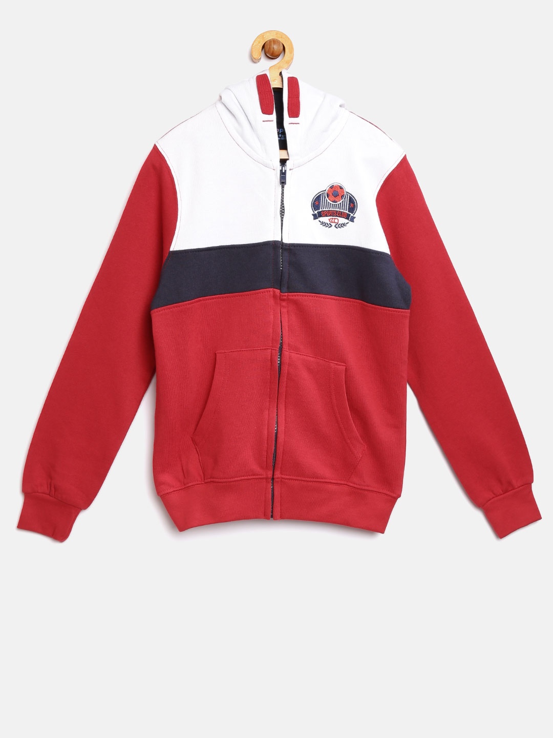 

POPPERS by Pantaloons Boys Red & Off-White Colourblocked Hooded Sweatshirt