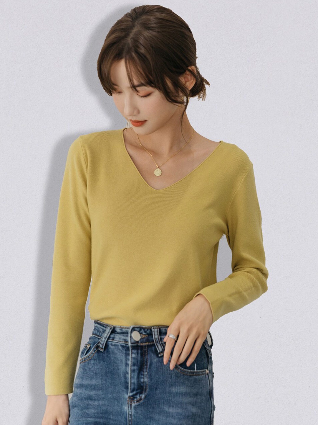 

JC Collection Women Yellow Solid Pullover