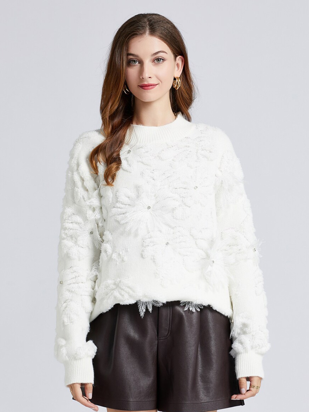 

JC Collection Women White Floral Pullover