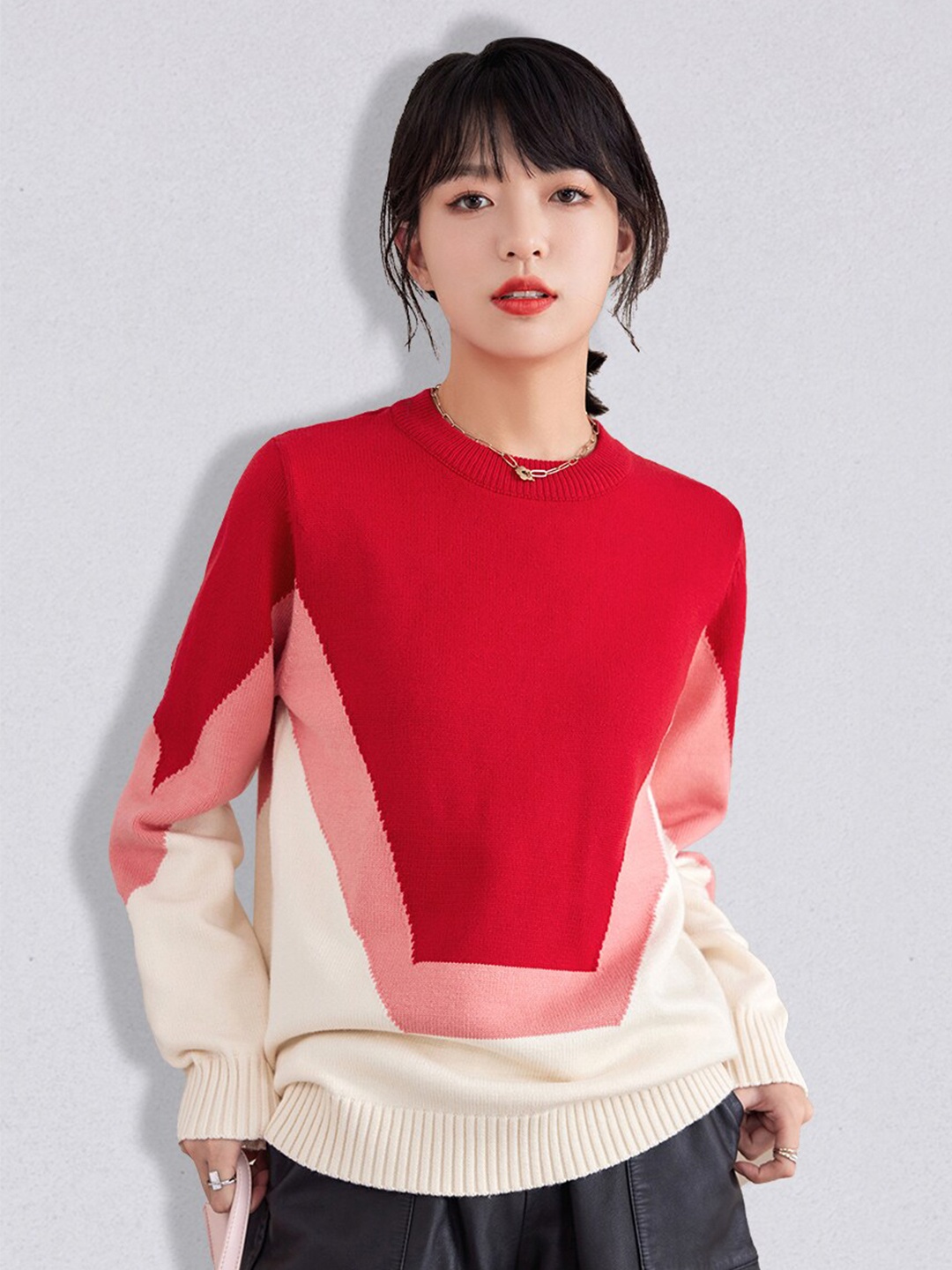 

JC Collection Women Red & White Colourblocked Pullover