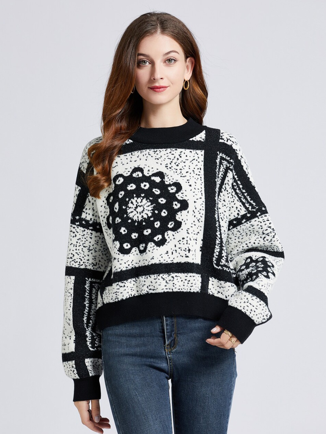 

JC Collection Women Black & White Printed Pullover