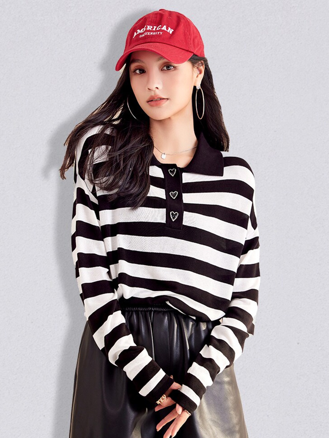 

JC Collection Women Black & White Striped Cardigan