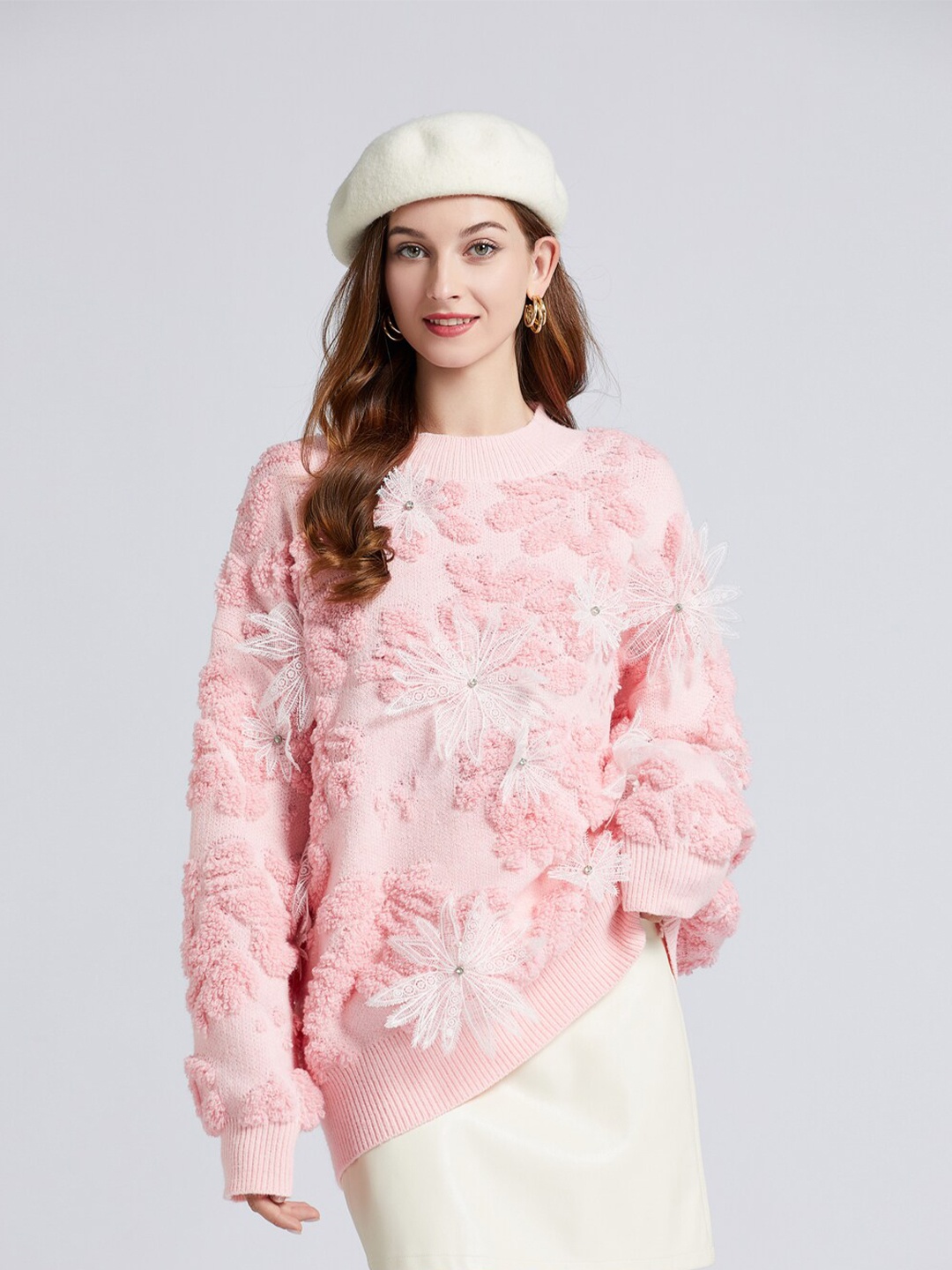 

JC Collection Women Pink & White Floral Longline Pullover with Applique Detail