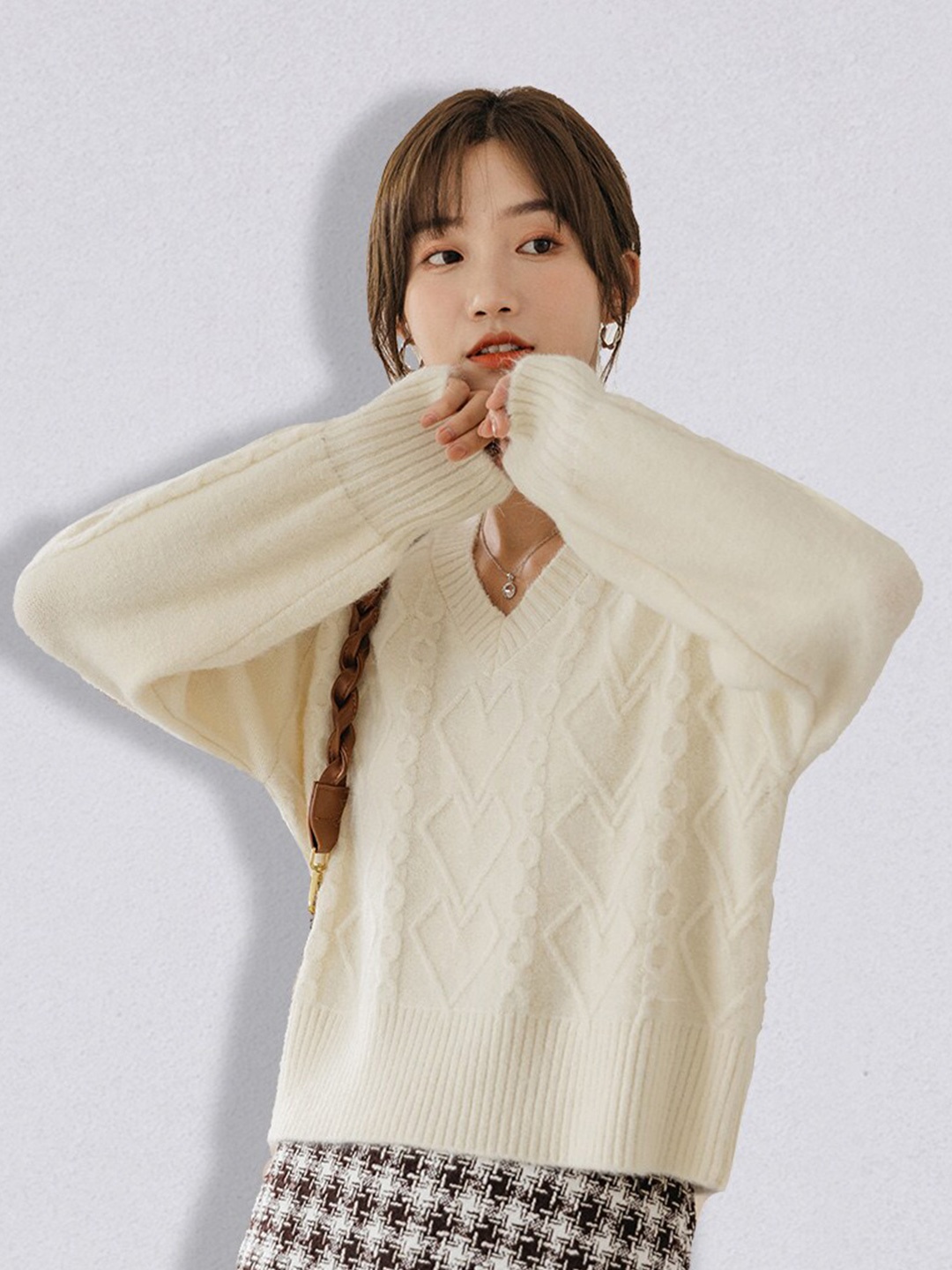 

JC Collection Women White Cable Knit Pullover