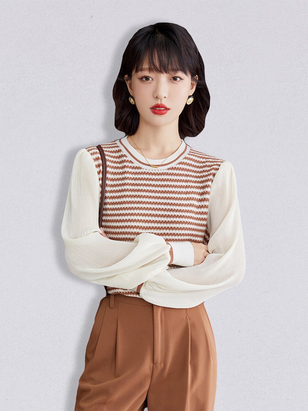

JC Collection Women Brown & White Striped Pullover