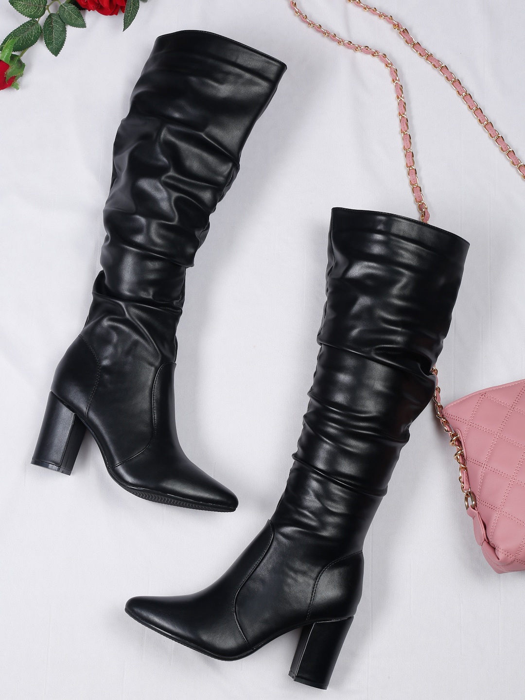 

Flat n Heels Women Black Pointed Toe High Top Slouchy Boots