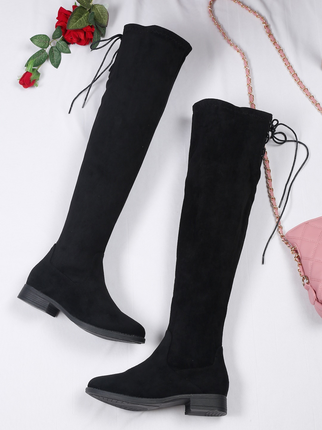 

Flat n Heels Women Black Solid High Top Slouchy Boots
