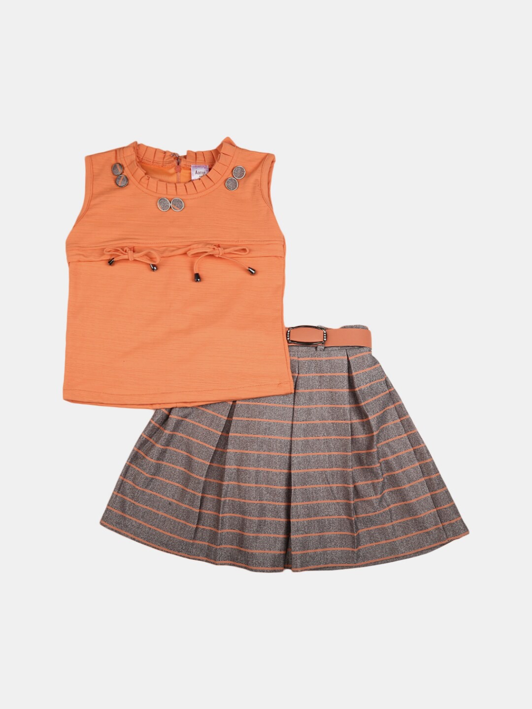 

V-Mart Kids Peach-Coloured & Grey Printed Pure Cotton T-shirt with Skirt