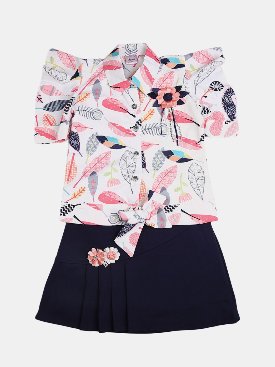 

V-Mart Kids White & Black Printed Pure Cotton T-shirt with Skirt