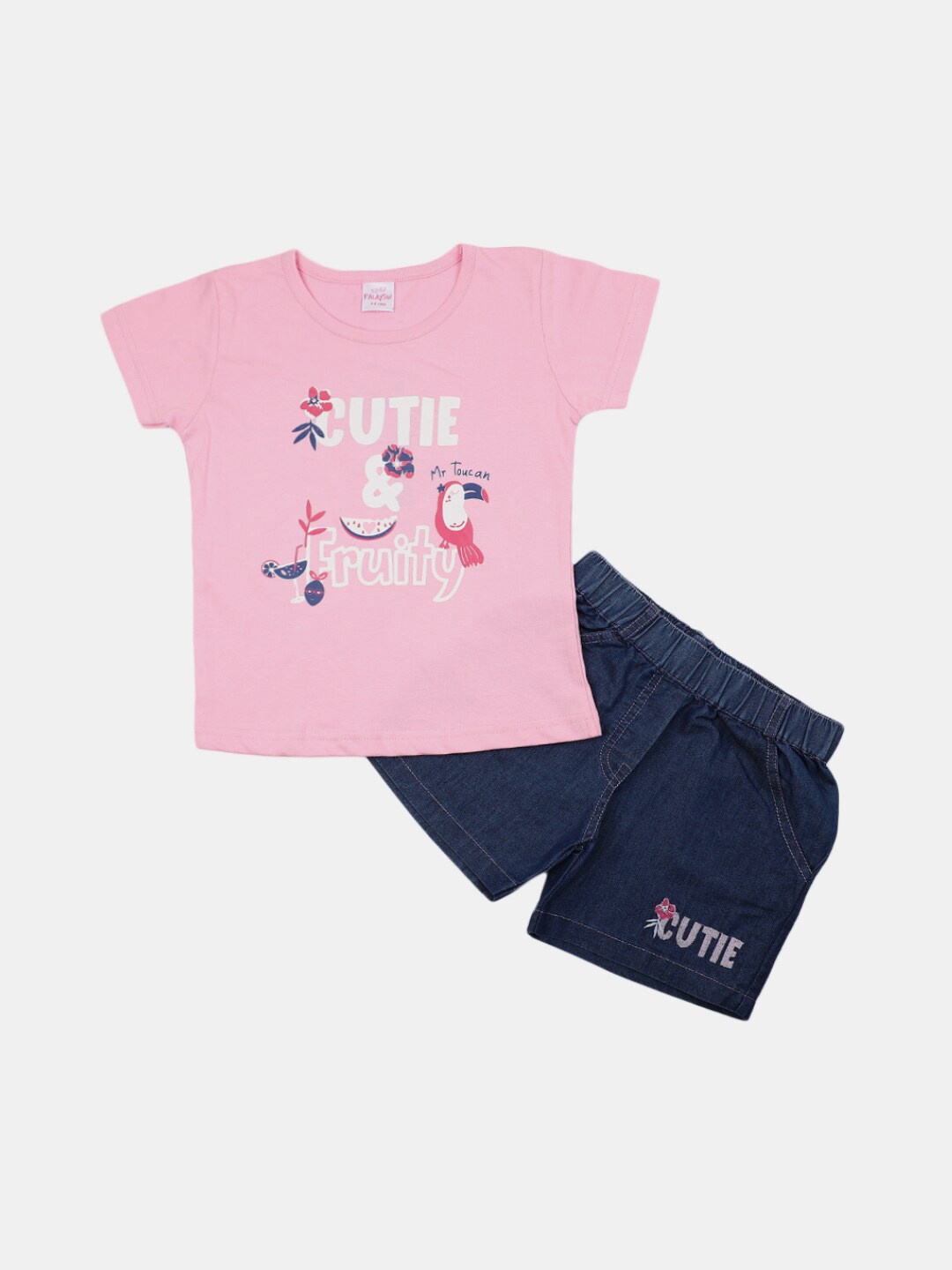 

V-Mart Kids Pink & Navy Blue Printed Pure Cotton T-shirt with Short