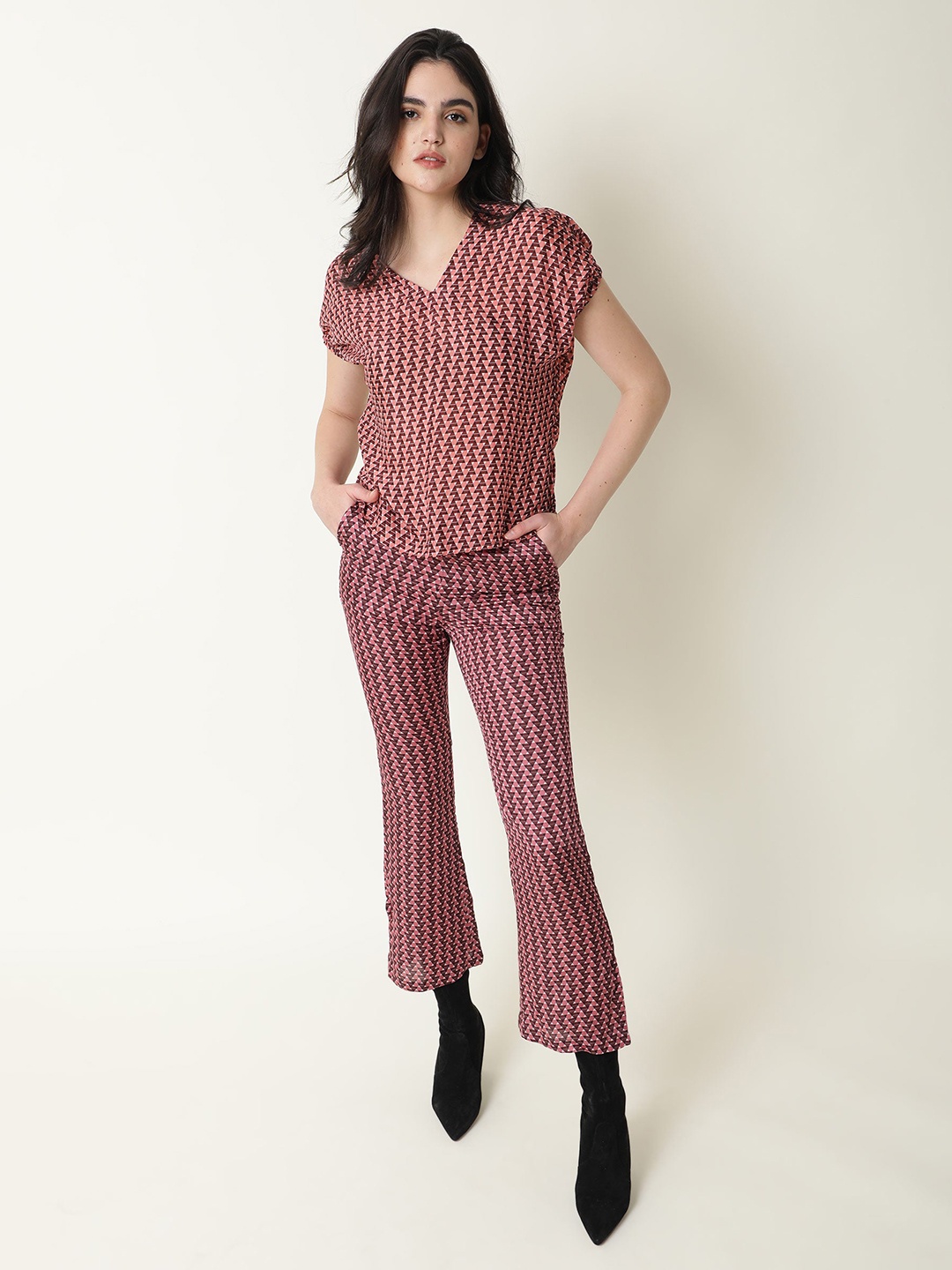 

RAREISM Women Beige Printed Slim Fit Boot Cut Trousers