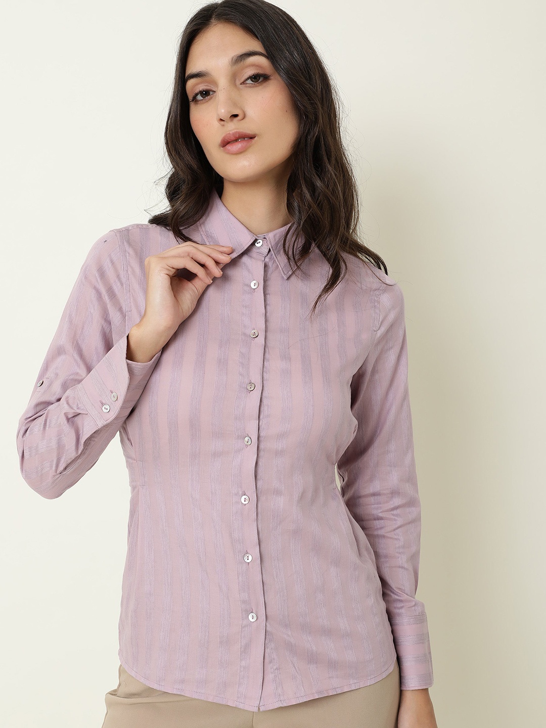 

RAREISM Lavender Striped Cotton Blend Shirt Style Top