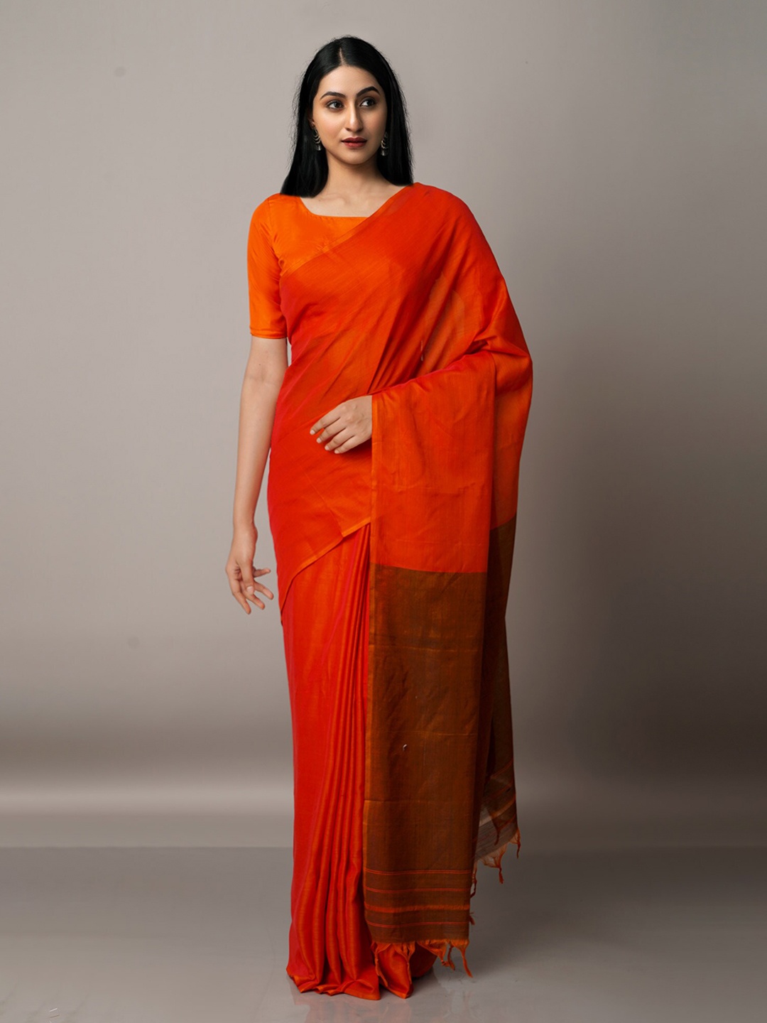 

Unnati Silks Orange & Brown Pure Cotton Narayan Peth Saree