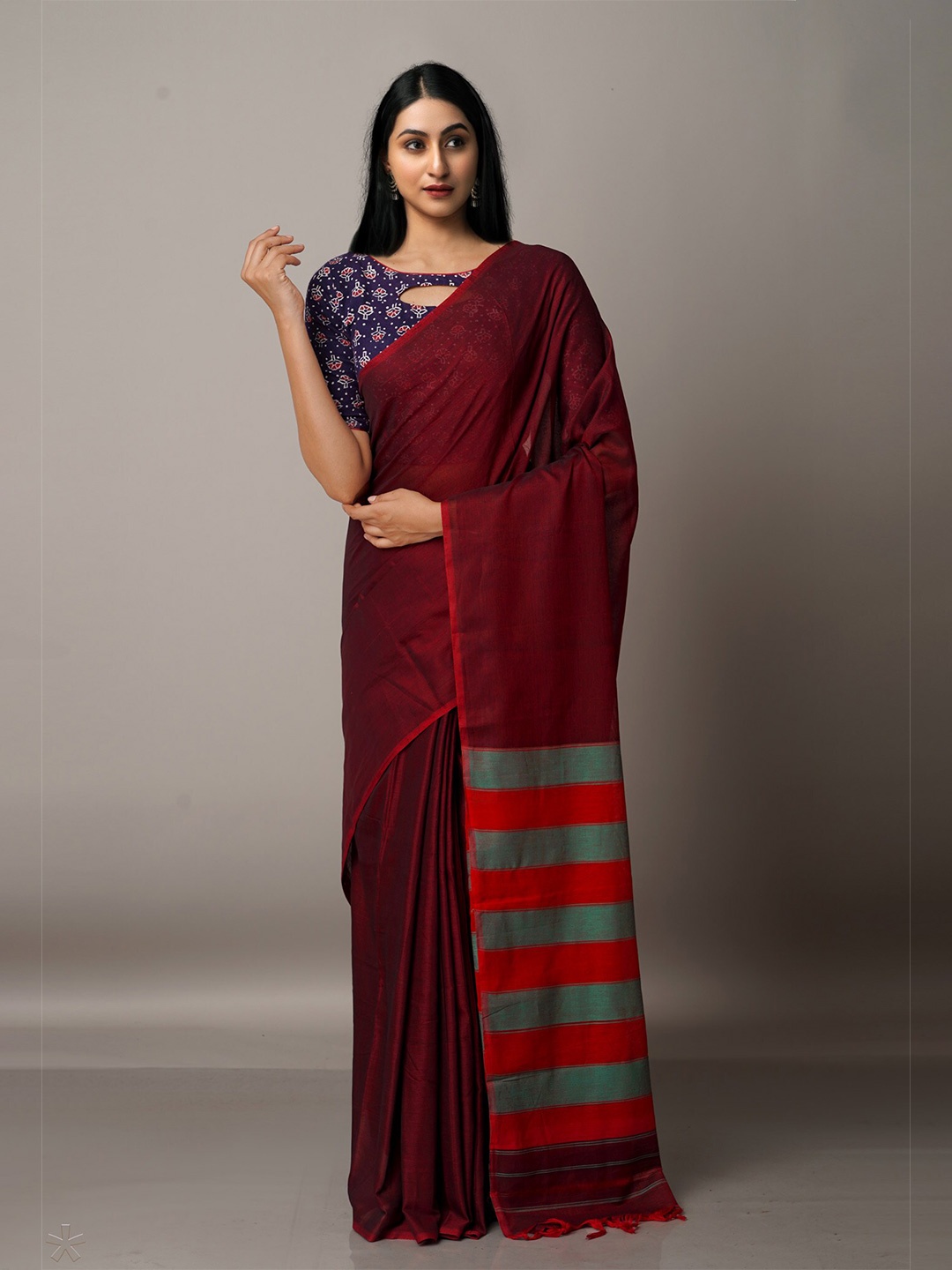 

Unnati Silks Maroon & Grey Pure Cotton Narayan Peth Saree