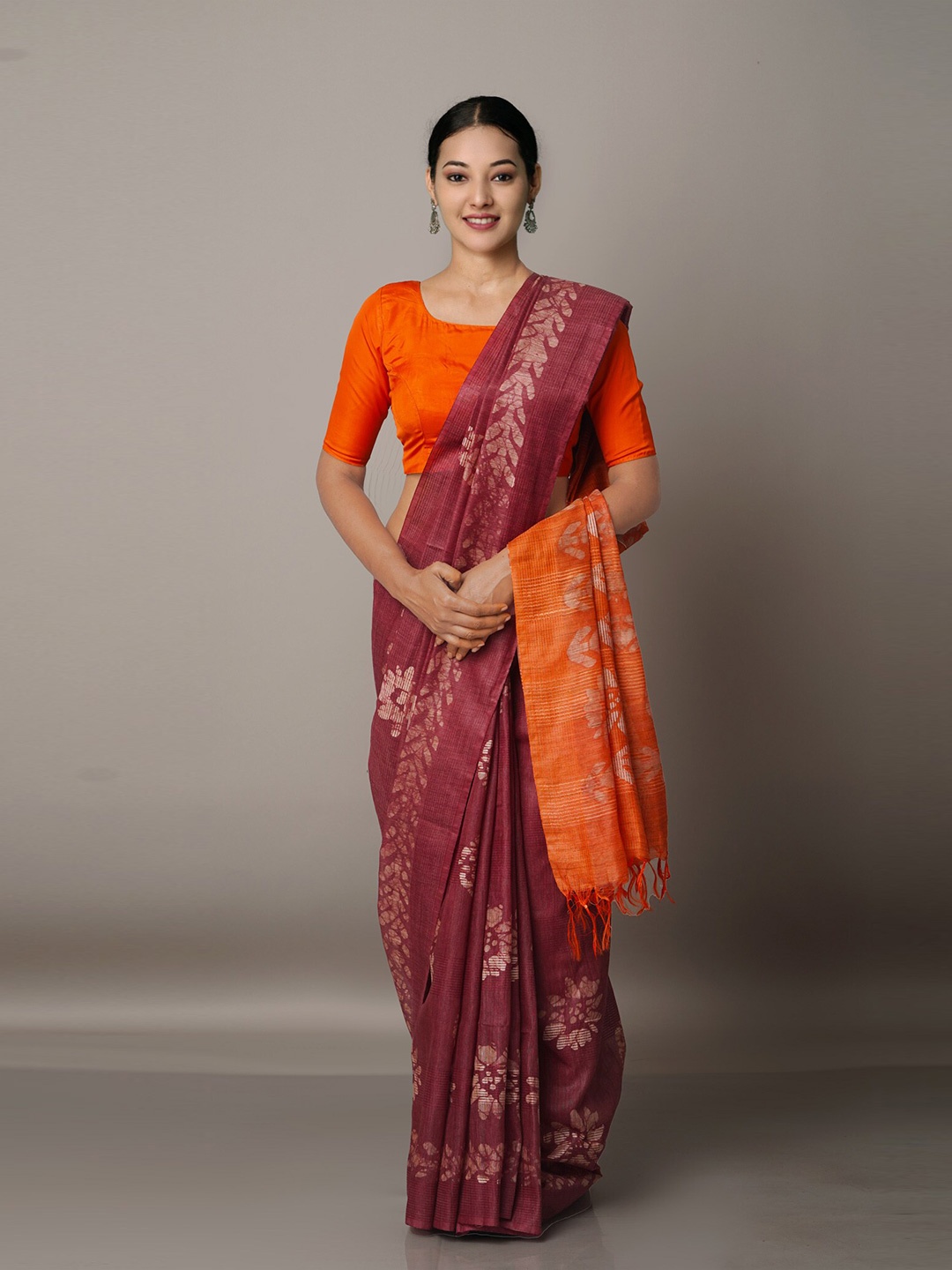 

Unnati Silks Burgundy & Orange Batik Silk Cotton Bhagalpuri Saree