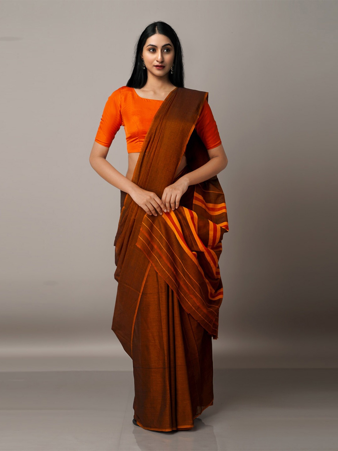 

Unnati Silks Brown & Orange Pure Cotton Narayan Peth Saree