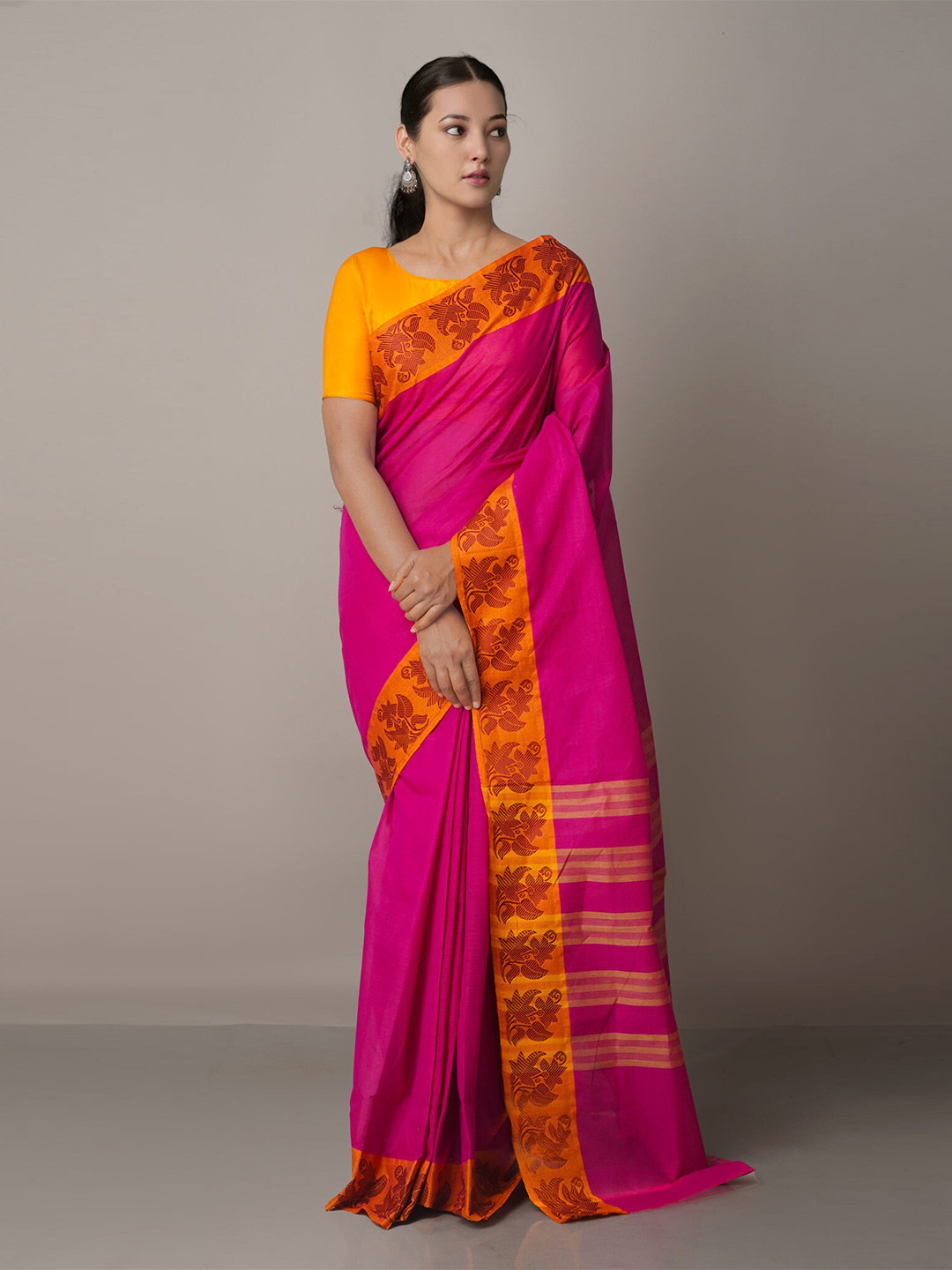 

Unnati Silks Pink & Orange Pure Cotton Venkatgiri Saree