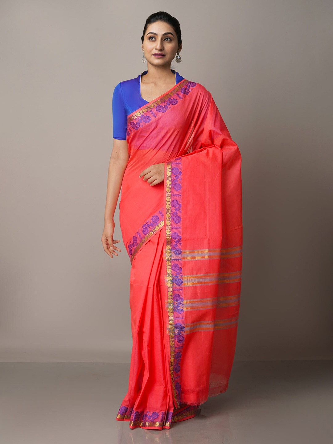 

Unnati Silks Coral & Blue Zari Pure Cotton Venkatgiri Saree