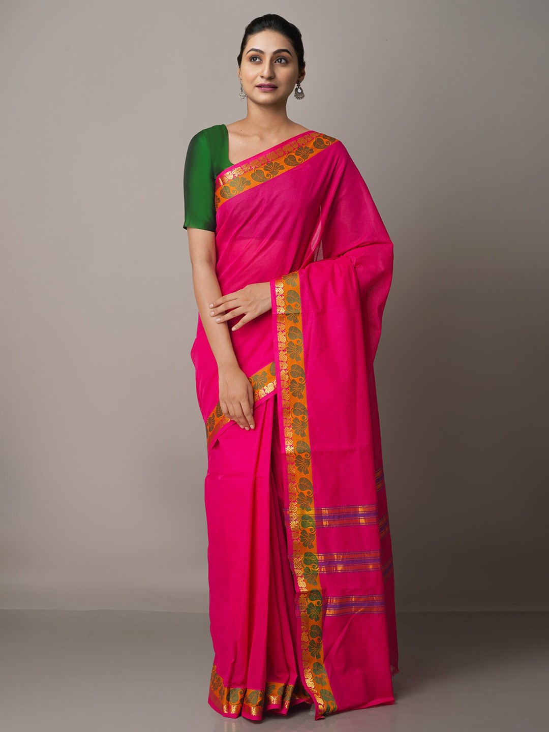 

Unnati Silks Pink & Green Zari Pure Cotton Venkatgiri Saree