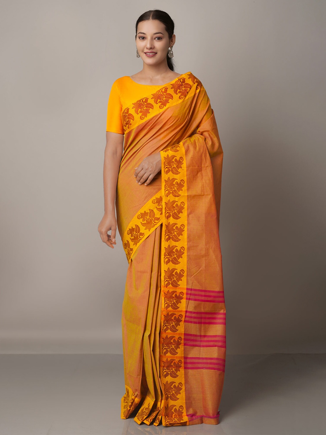 

Unnati Silks Mustard & Pink Pure Cotton Venkatgiri Saree