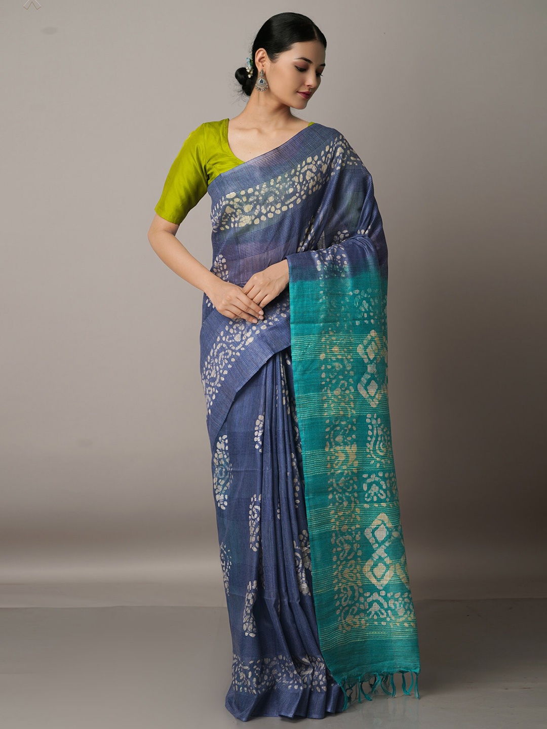 

Unnati Silks Blue & Cream-Coloured Batik Silk Cotton Bhagalpuri Saree