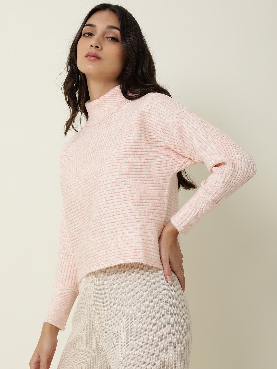 

RAREISM Women Pink Striped Acrylic Pullover