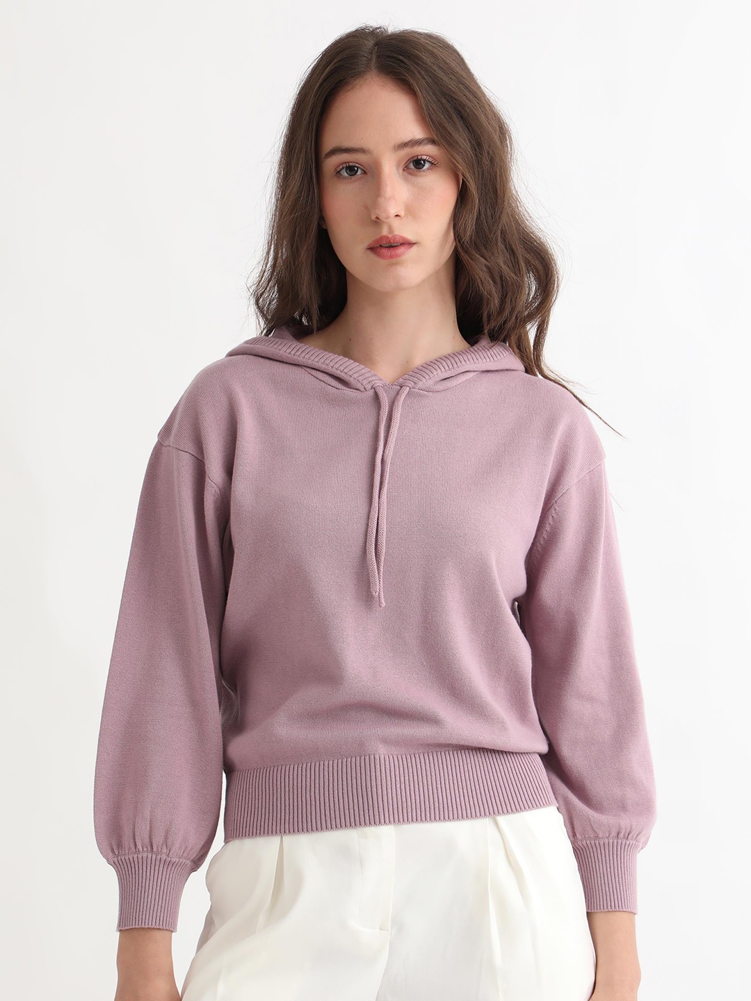 

RAREISM Women Pink Solid Hooded Cotton Pullover
