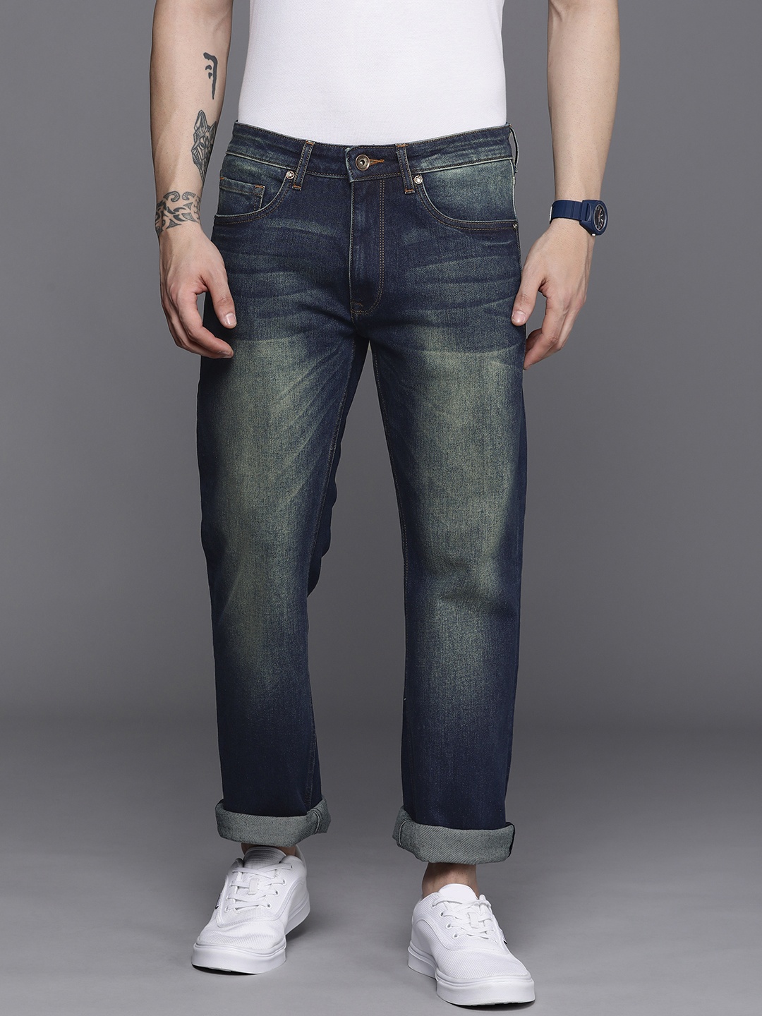 

Louis Philippe Jeans Men Navy Blue Bootcut Heavy Fade Stretchable Jeans