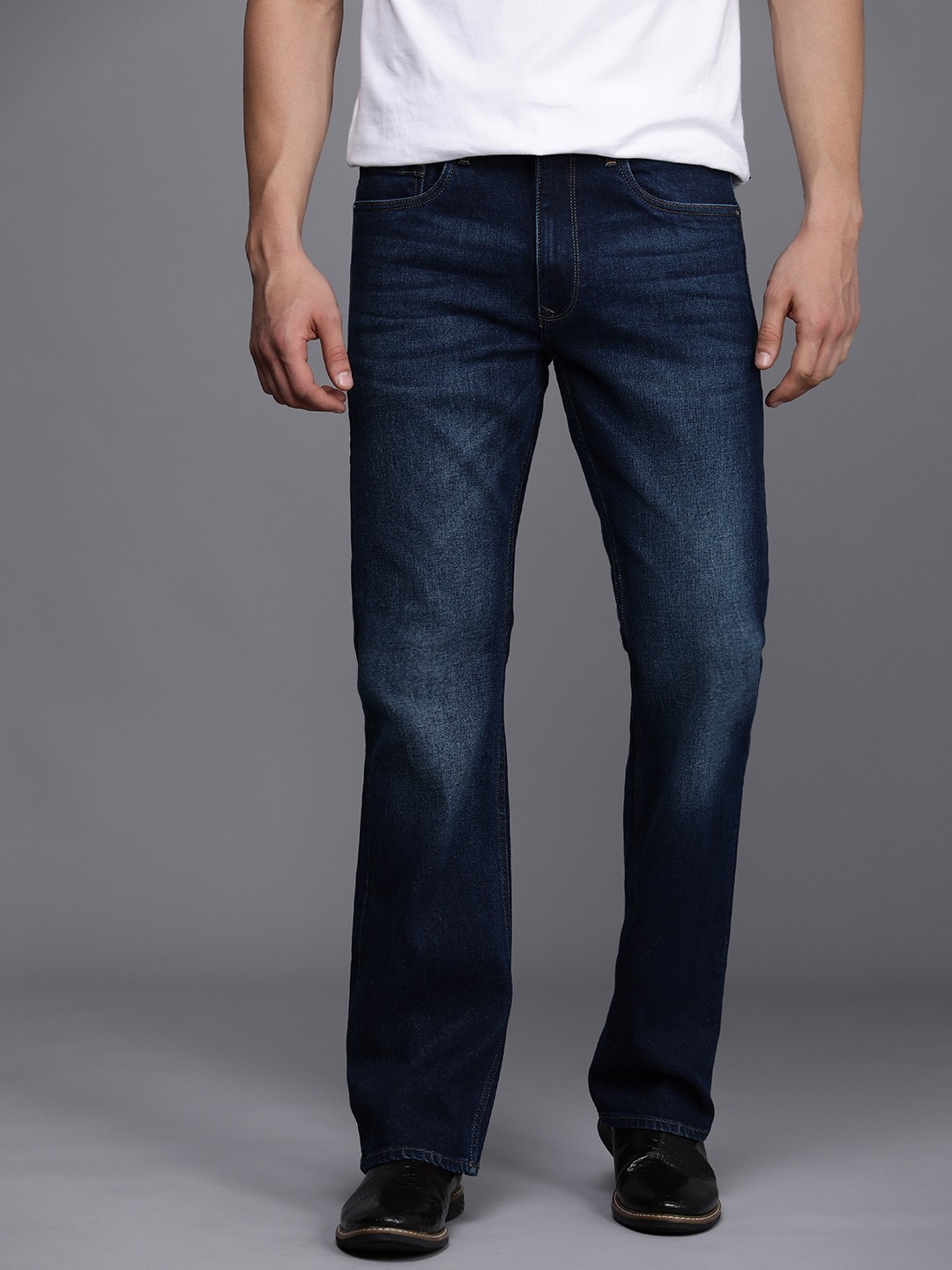 

Louis Philippe Jeans Men Blue Slim Bootcut Low-Rise Light Fade Stretchable Jeans