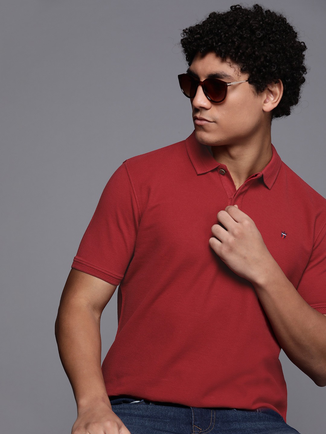 

Louis Philippe Jeans Men Red Pure Cotton Polo Collar Slim Fit T-shirt