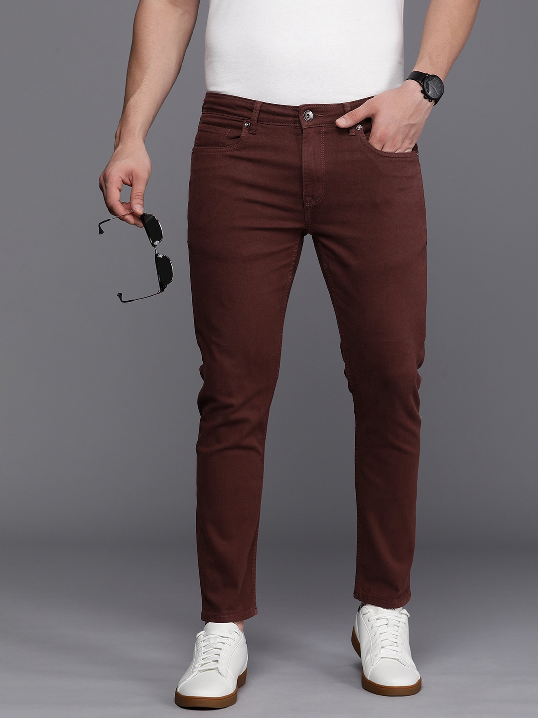 

Louis Philippe Jeans Men Slim Fit Low-Rise Stretchable Jeans, Maroon
