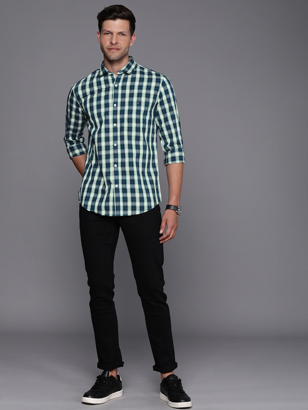 

Louis Philippe Jeans Men Slim Fit Tartan Checks Pure Cotton Casual Shirt, Green