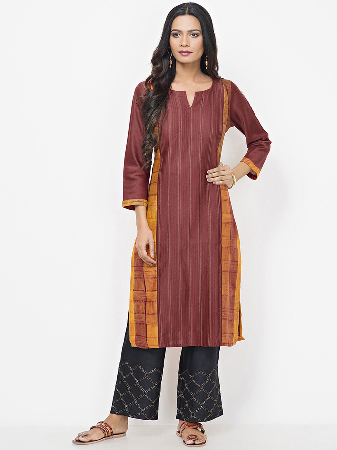 

Fabindia Women Maroon & Mustard Yellow Solid Straight Kurta