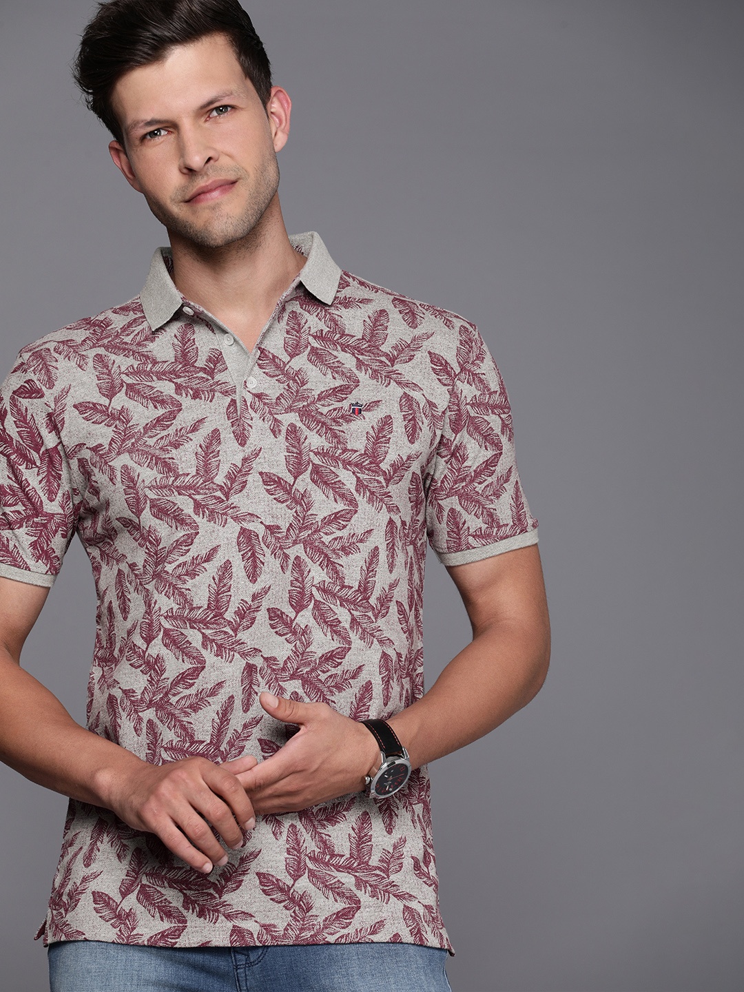 

Louis Philippe Jeans Tropical Printed Polo Collar Pure Cotton Slim Fit T-shirt, Grey