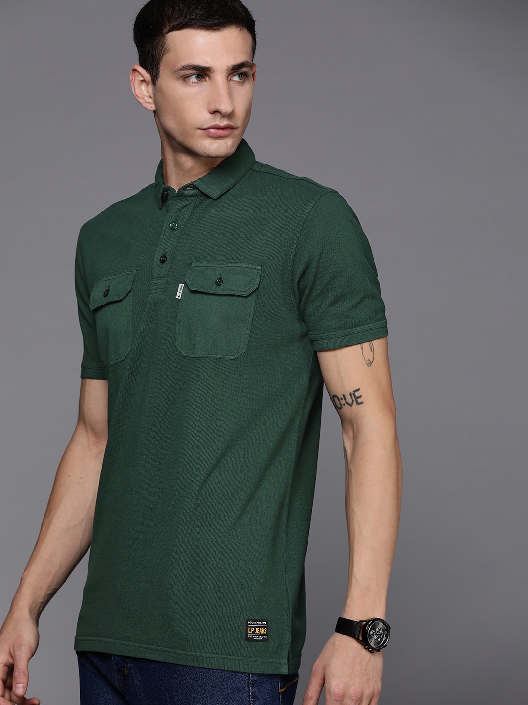 

Louis Philippe Jeans Men Polo Collar Pure Cotton T-shirt, Green