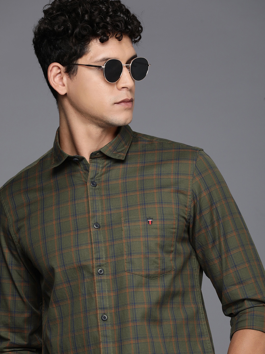 

Louis Philippe Jeans Super Slim Fit Tartan Checks Pure Cotton Casual Shirt, Olive