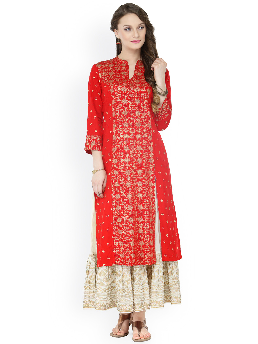 

Varanga Women Red & Off-White Foil Print Kurta with Skirt
