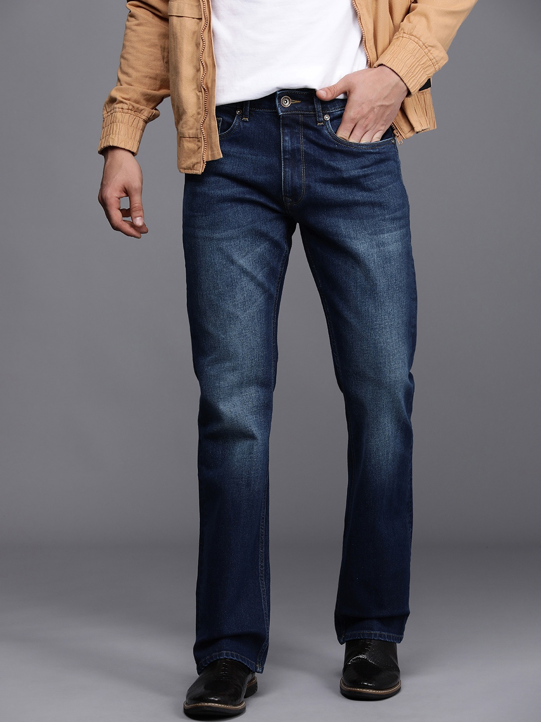 

Louis Philippe Jeans Men Blue Slim Bootcut Low-Rise Light Fade Stretchable Jeans