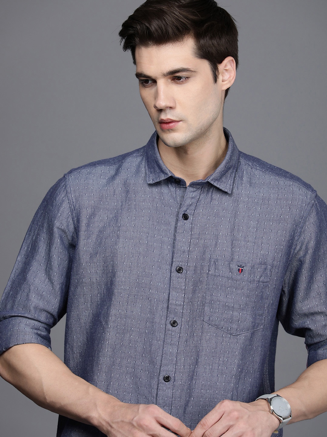 

Louis Philippe Jeans Slim Fit Printed Cotton Linen Casual Shirt, Navy blue