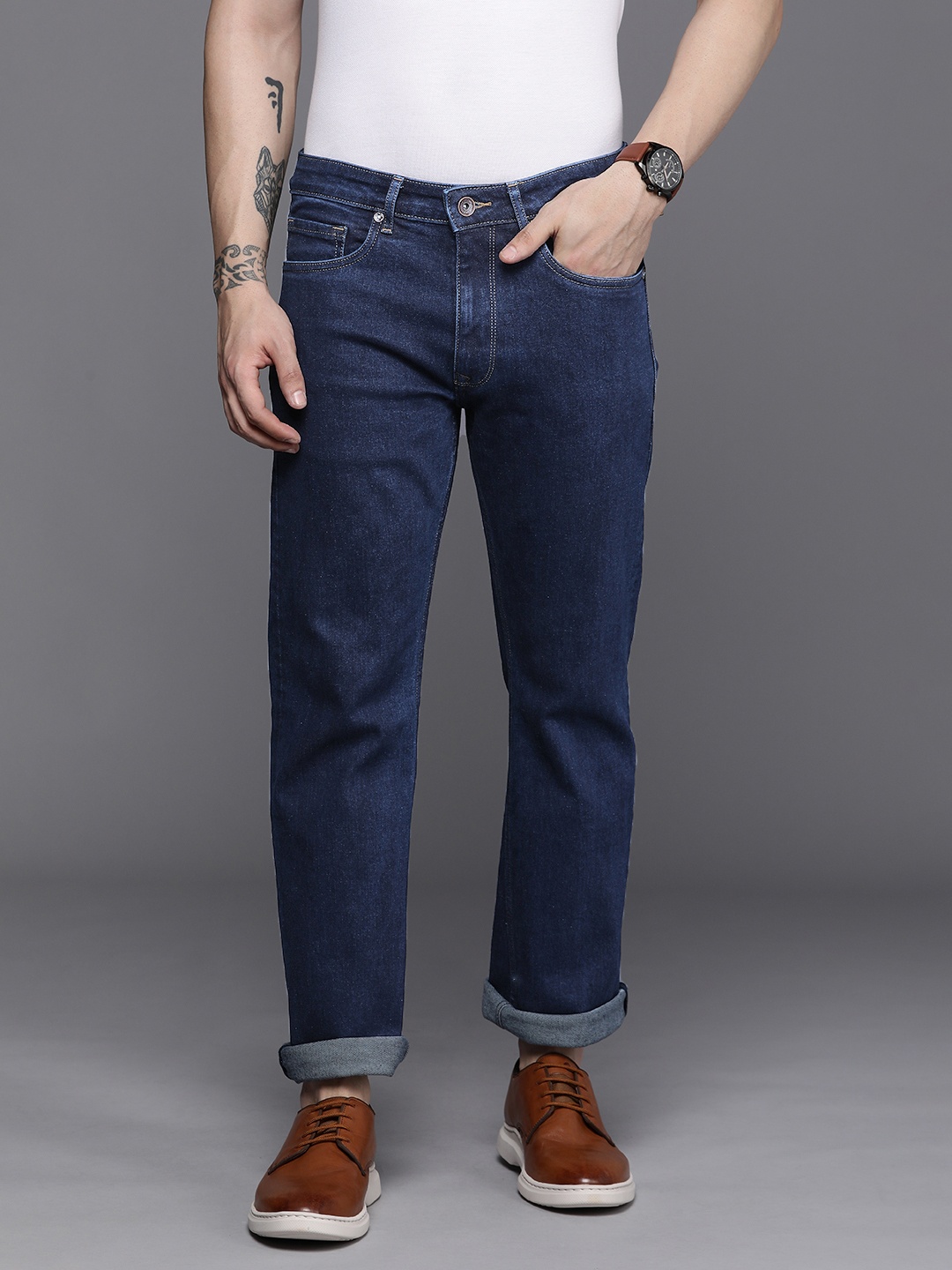 

Louis Philippe Jeans Men Navy Blue Bootcut Low-Rise Stretchable Jeans