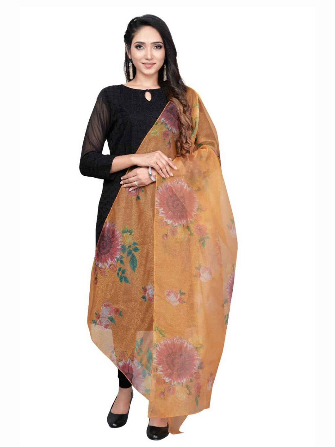 

TORONFRAS Orange & Pink Printed Organza Dupatta