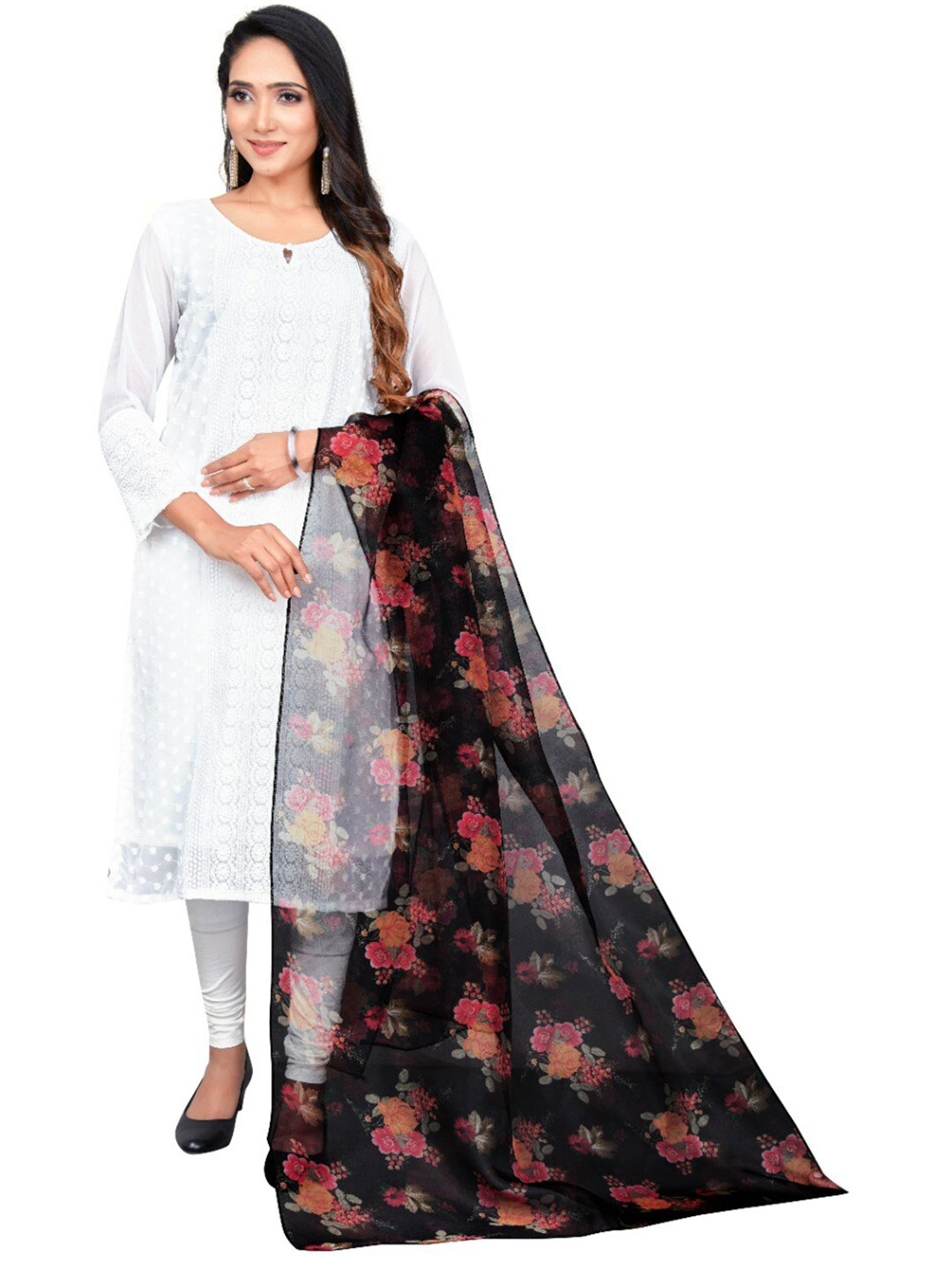 

TORONFRAS Black & Pink Printed Organza Dupatta