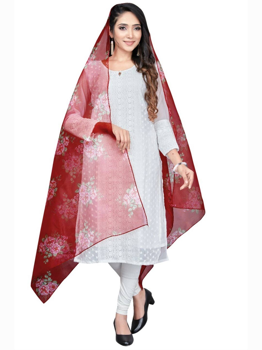 

TORONFRAS Maroon & Pink Printed Organza Dupatta